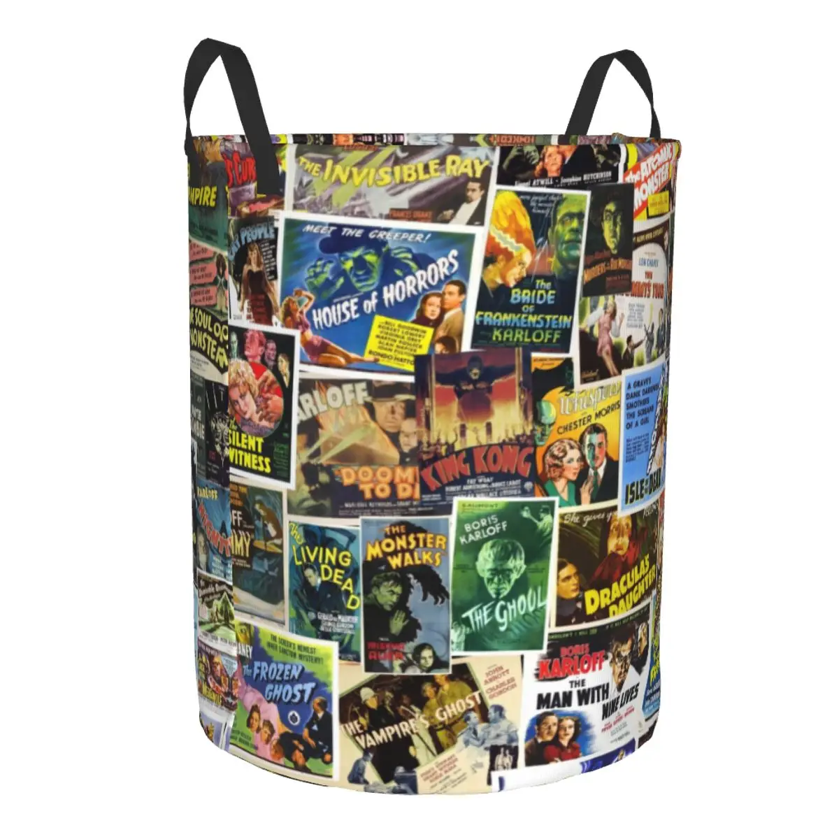 Vintage Horror Movie Collage Laundry Basket Collapsible Classic Cinema Production Film Clothes Hamper for Kids Toys Storage Bag