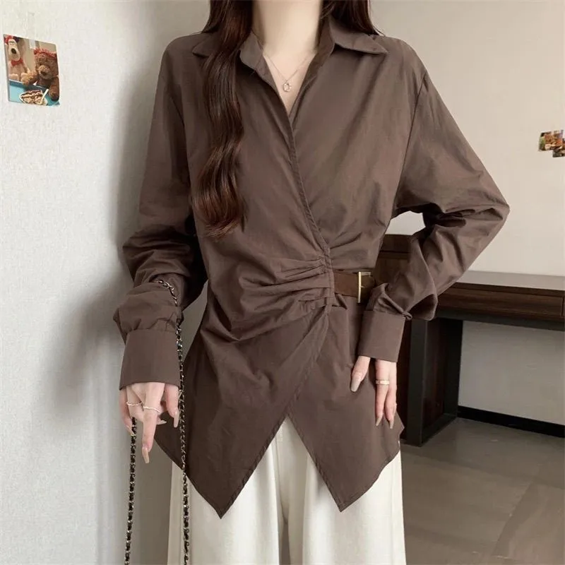 

Vintage Minimalist British Cooffe Wrap Shirt Point Collar Ruched Waist Long Sleeve Blouse Harajuku Chic Preppy Casual Outfit