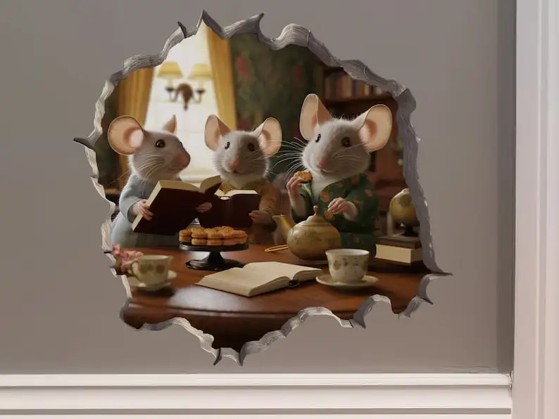 

Book Club Mice in Mouse Hole Decal - Mouse Hole 3D Wall Sticker