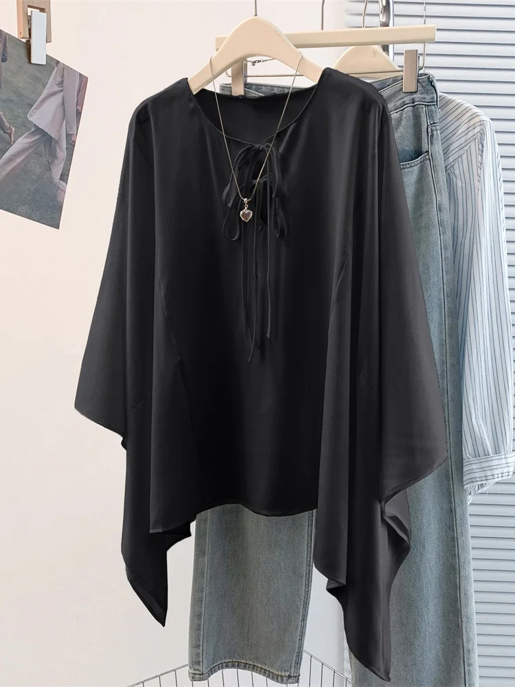 Elegant Belted Satin Shirt with Batwing Sleeves in  Color plus Size Women's Fashion Artistic Style Loose Fit Breathable