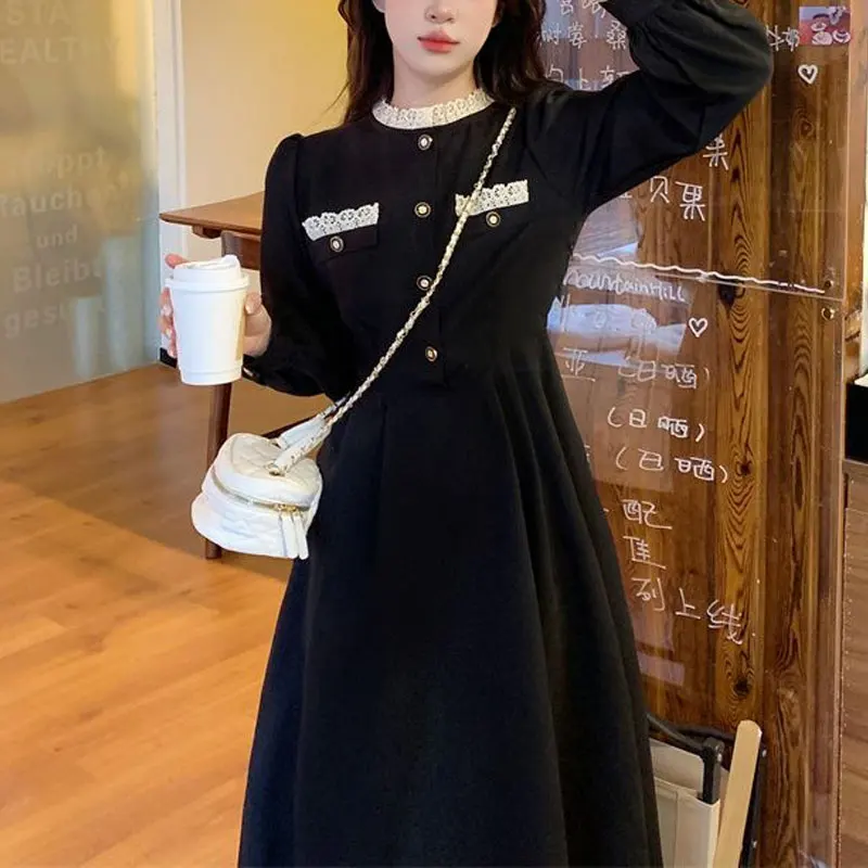 French Style Aura Midi Dress Female Clothing Stylish Lace Spliced Spring Autumn Elegant A-Line Waist Commute Round Neck Dresses