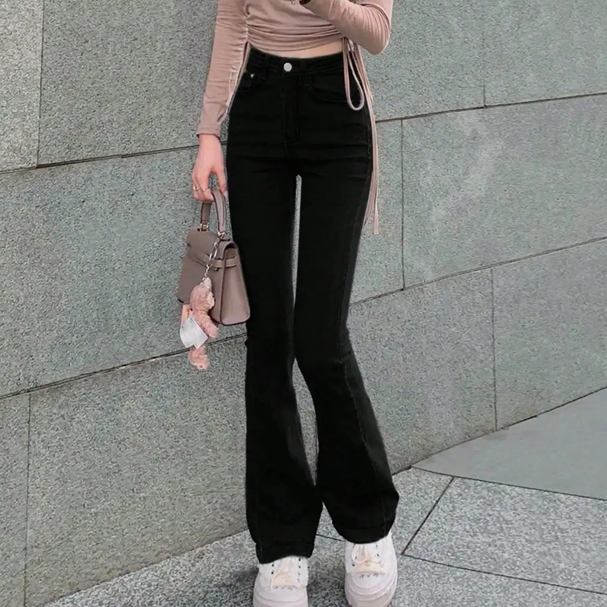 Korean Chic Autum Retro Style High-Waisted Hip-Lifting Flared Pants, Fashionable Elastic Slim Slim Jeans for Women