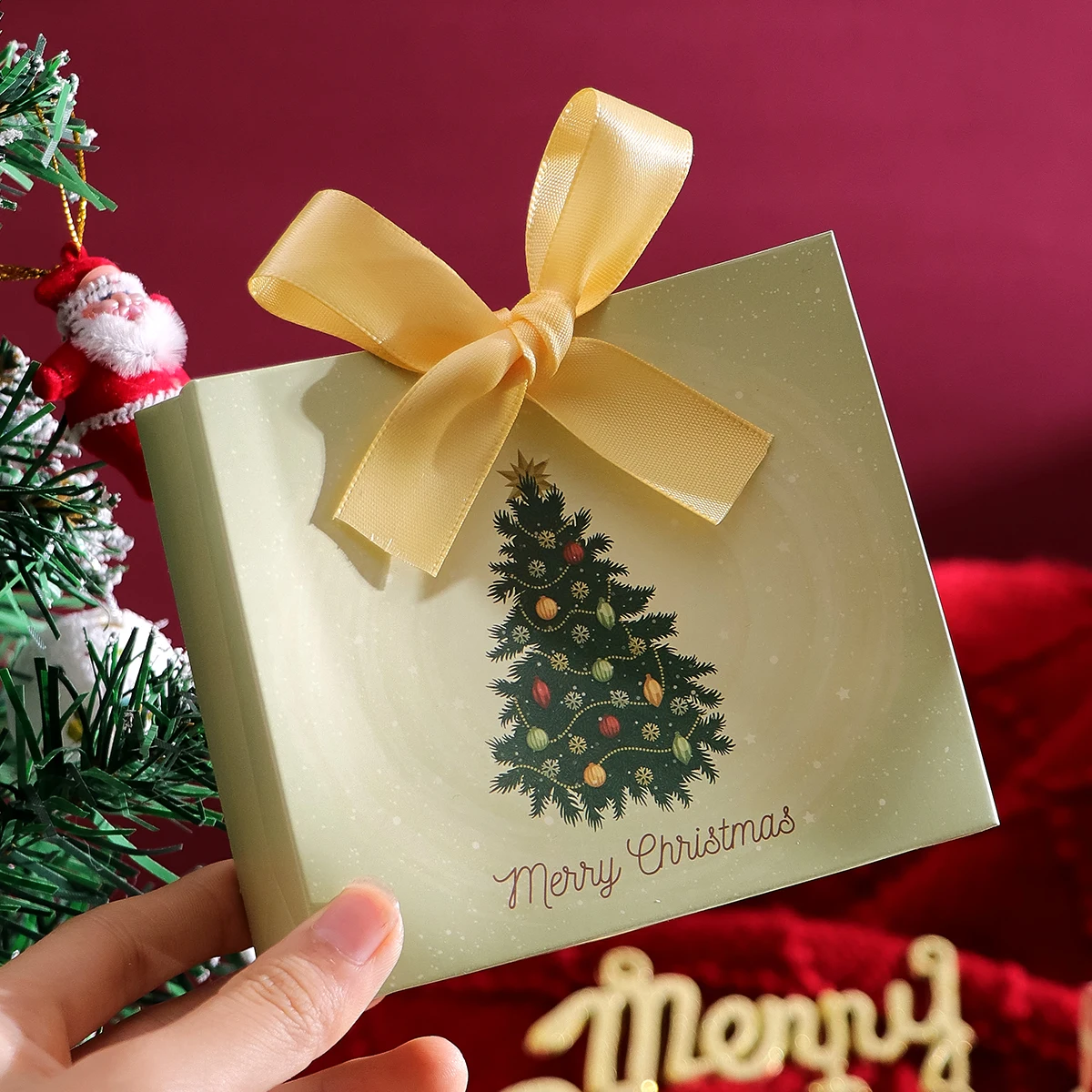 Pack of 10 Festive Christmas Mini Gift Bags with Ribbons - Colorful Design Featuring Christmas Tree, Santa and Merry Christmas W