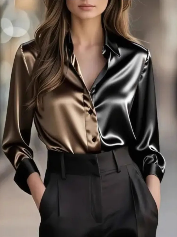 

Elegant Patchwork Shirt For Women Fashion Long Sleeve Turn-down Collar Single Breasted Shirts Tops Lady Casual Holiday Office