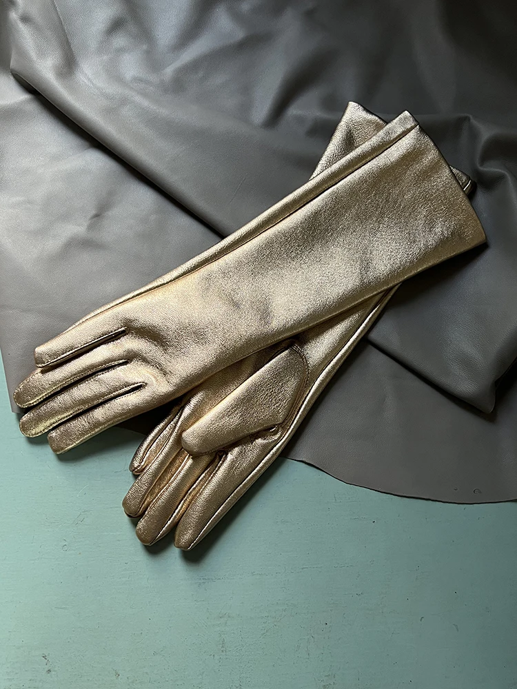 Gants en peau de mouton dorés pour femmes et hommes, longue section sur le coude, couleur vive, collocation de photos de défilés de mode, cuir