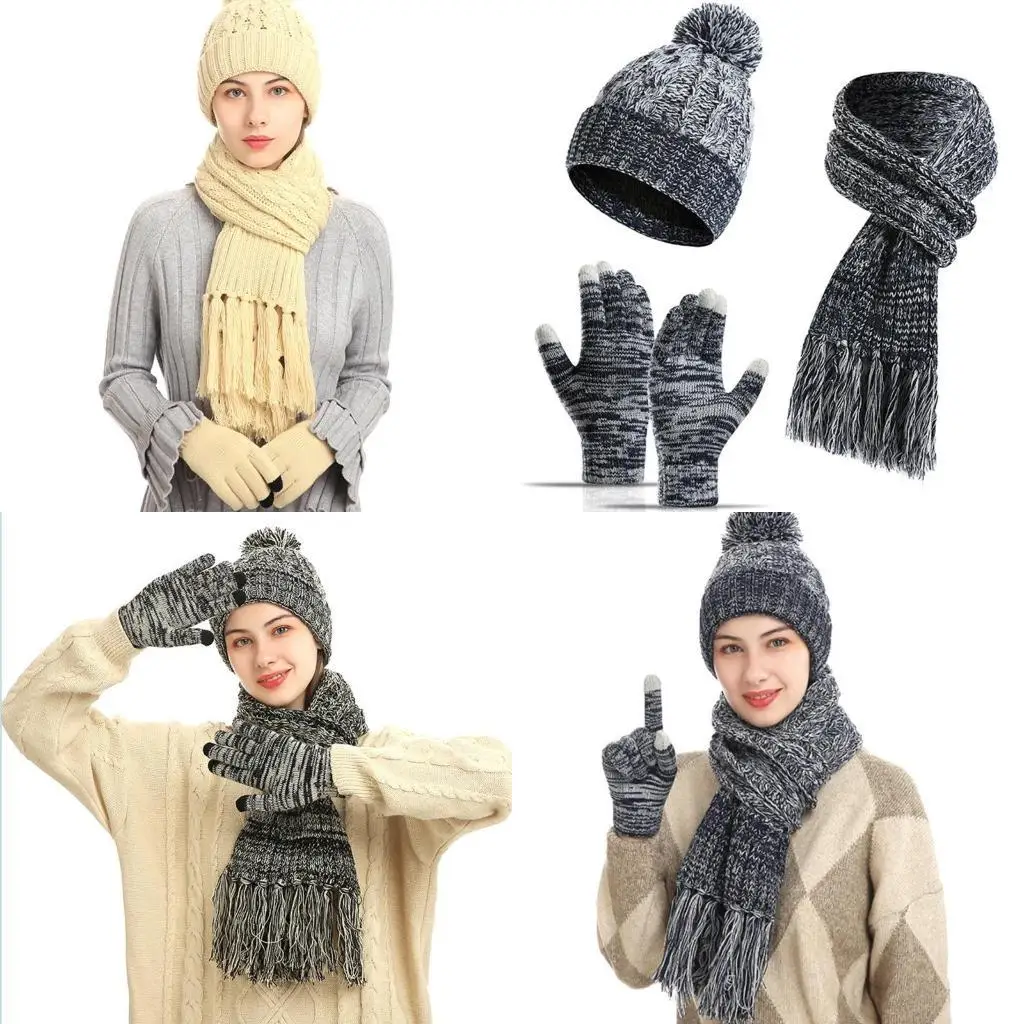 

R1WE женская зимняя шапка из 3 предметов, длинный шарф с кисточками для перчаток с сенсорным экраном, комплект красочных вязаных