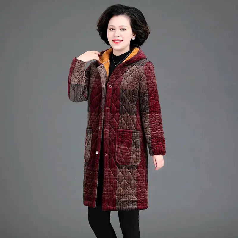 Middle-Aged Elderly Mothers Spring Autumn HoodedCotton Keep Warm Down Cotton Clothes Plus Velvet Small Padded Jacket Female Coat