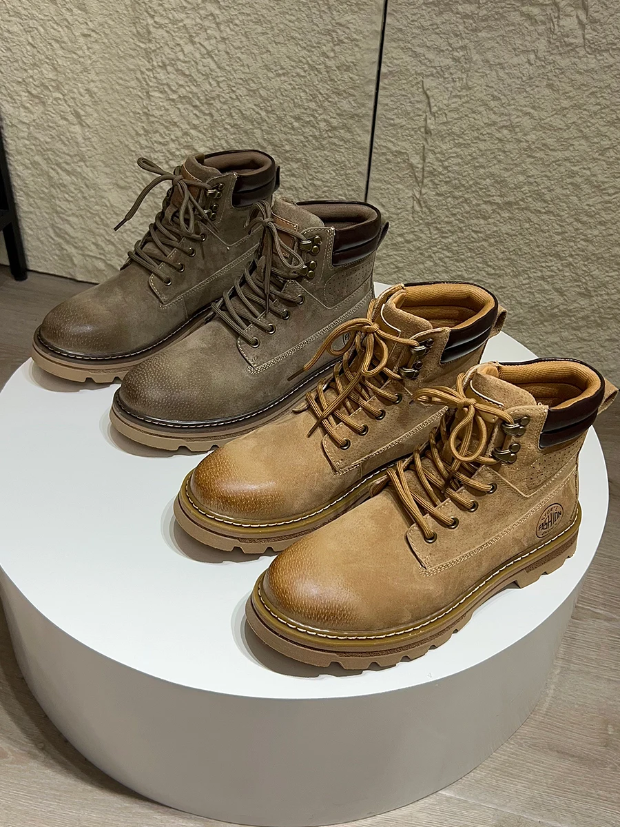 

American Style Heavyweight Faded Color Matte Leather High Top Casual Shoes Retro Genuine Leather Boots Trendy Men's Shoes