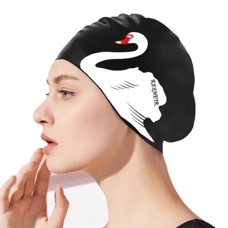 Women Swimming Cap Long Hair Ear Protection Waterproof Swimming Hat Elastic Silicone Swan Print Swimming Pool Accessories