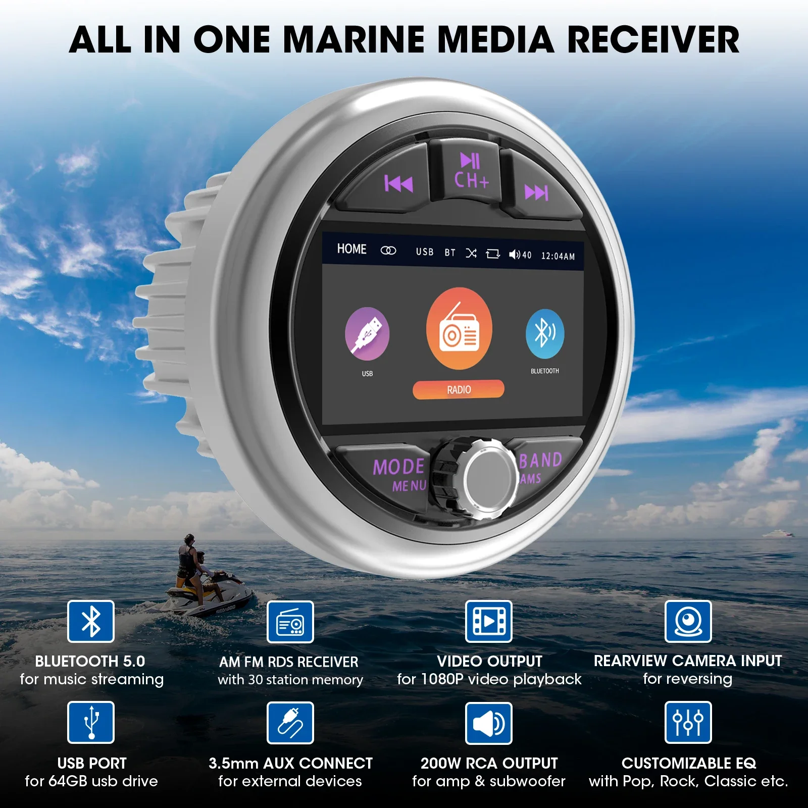 GRANDnavi Marine Stereo Waterproof IPX5 Boat MP5 Radio Player Bluetooth FM AM RDS Audio For Yacht Gauge ATV UTV Cart Motorcycle