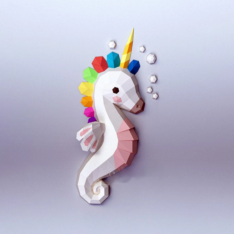 3D Paper Mold Animal Non-Finished Rainbow Seahorse Unicorn Model Paper Work DIY Craft Wall Home Decor Figurines Miniatures