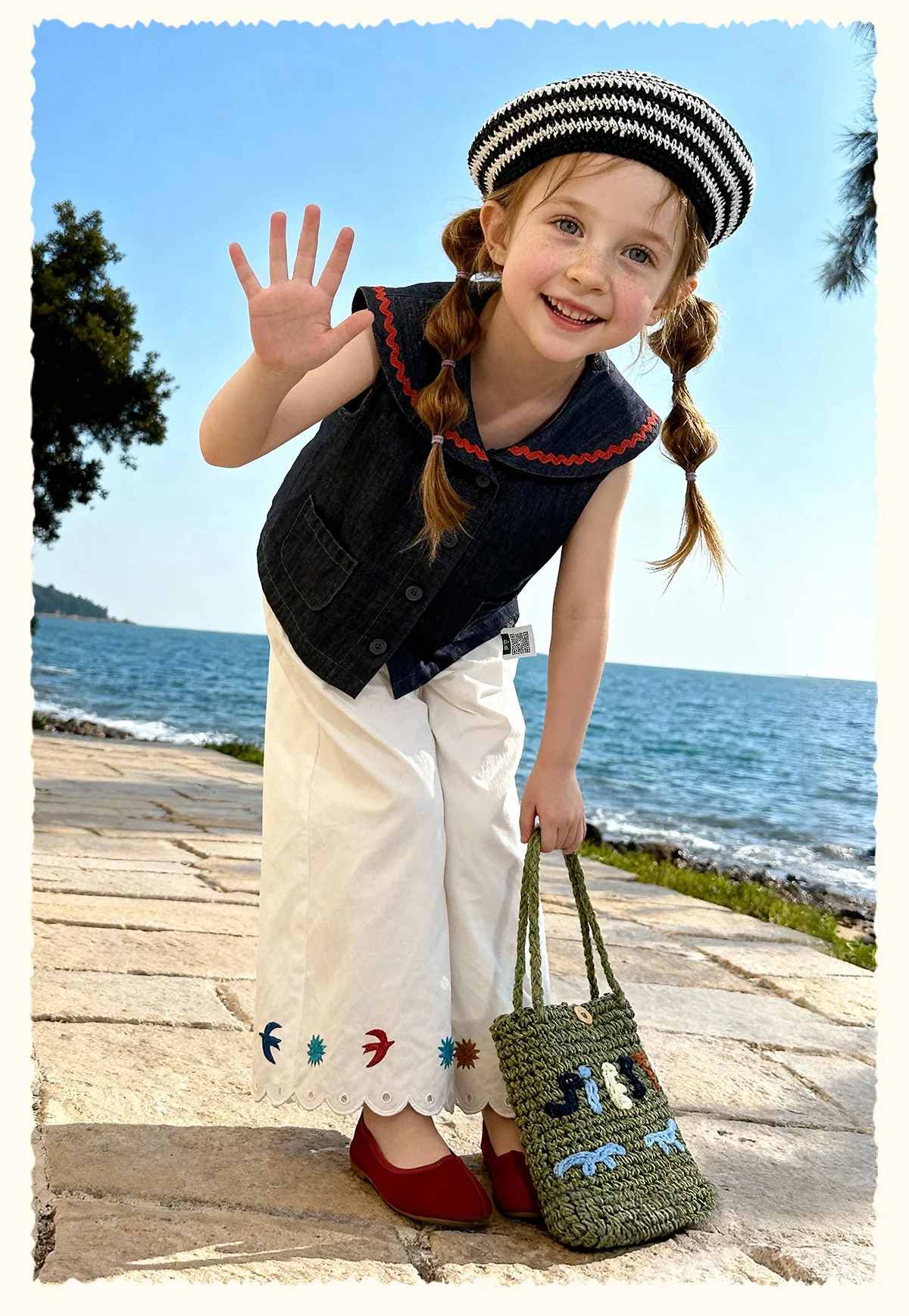 Amila 2026 Sommer Neue Kinder-Freizeithose mit Blumen- und Vogelstickerei, lockerer, lässiger Stil, einfarbig, weites Bein – Detail 12