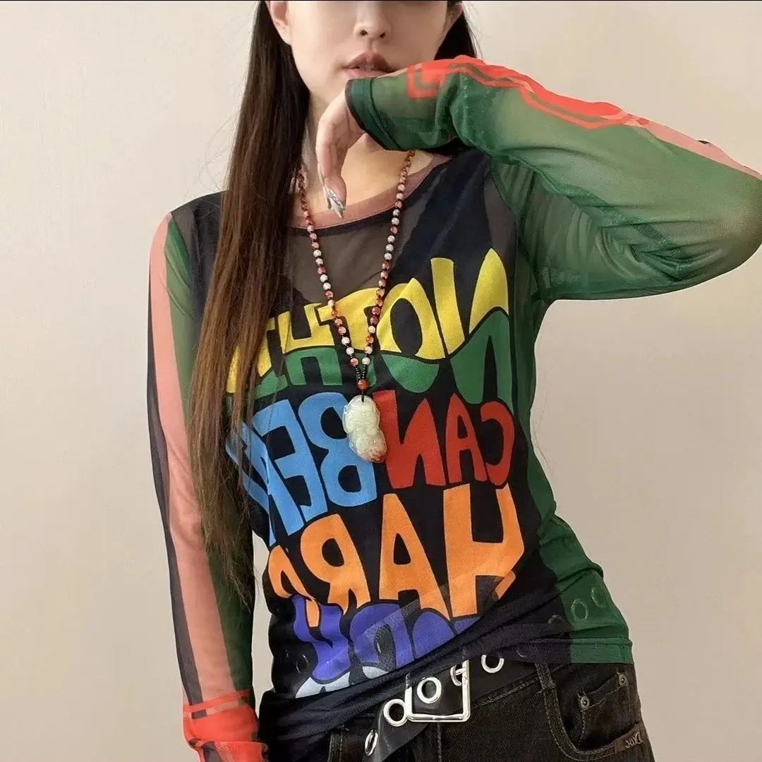 Y2K Summer Women Sun Protection Shirt Sheer Mesh Top Long Sleeve UV Protection Blouse Casual Letter Print See Through Base Layer