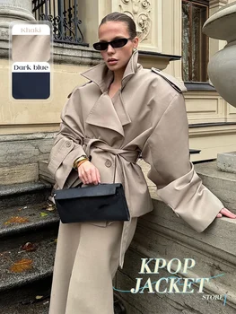 Elegant Lace Up Solid Overcoat Women Chiclapel Collar Button  Full Sleeve Loose Coat Autumn Female Street New Oversize Outerwear