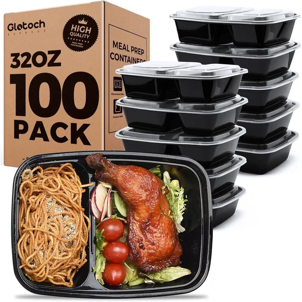 

100-Pack 32 oz Meal Prep Containers, 2-Part Reusable Food Storage with Lids, Safe for Microwave and Dishwasher, Leak-Proof & BPA