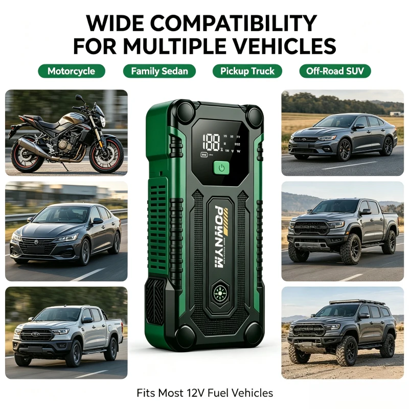 POWNYM Car Jump Starter, 12V Auto Battery Booster,Portable Power Bank with Dual USB Ports, LED Emergency Light,