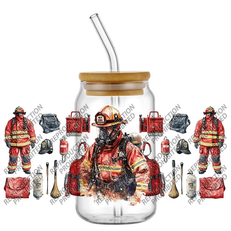 Hero Firefighter Fire Truck Cartoon UV DTF Transfer Sticker for 16oz Glass Cup Wrap Permanent Waterproof Self-adhesive Sticker