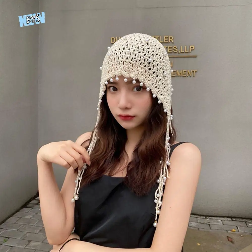 

Crochet Flower Hollow Pearl Tassels Knitted Hat Beanies Weave Cap Knit Cap Hollow Out Korean Ethnic Style Hat