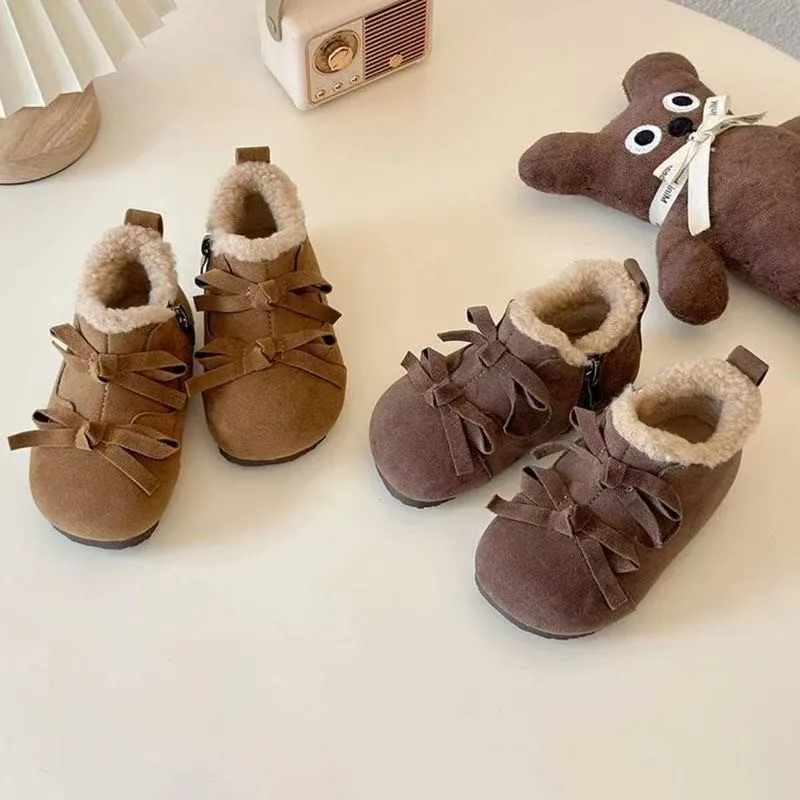 

2025 Winter New Children's Short Boots Sweet Bow Girl Elegant Princess Plush Boots Simple Fashion Cotton Boots Ankle Versatile
