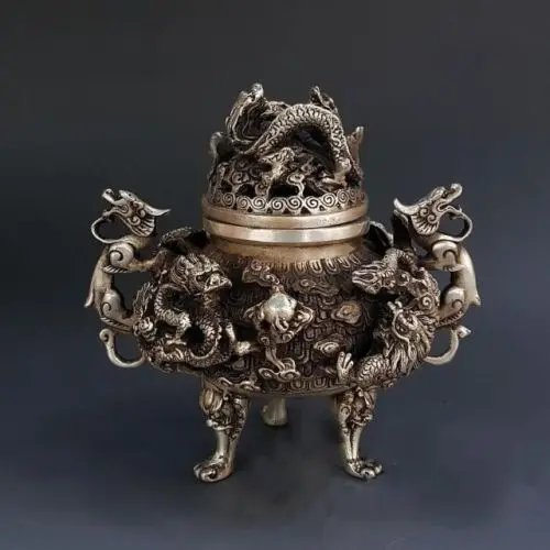 China Exquisite Tibet Silver 9 Dragon Beast Lion Head Incense Burner Statue