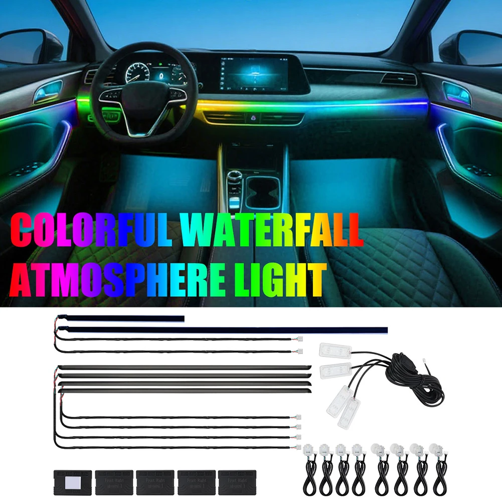 

1 комплект, акриловая направляющая для салона автомобиля, оптоволоконная полоса, подсветка, красочное освещение автомобиля, RBG, 64-цветные аксессуары