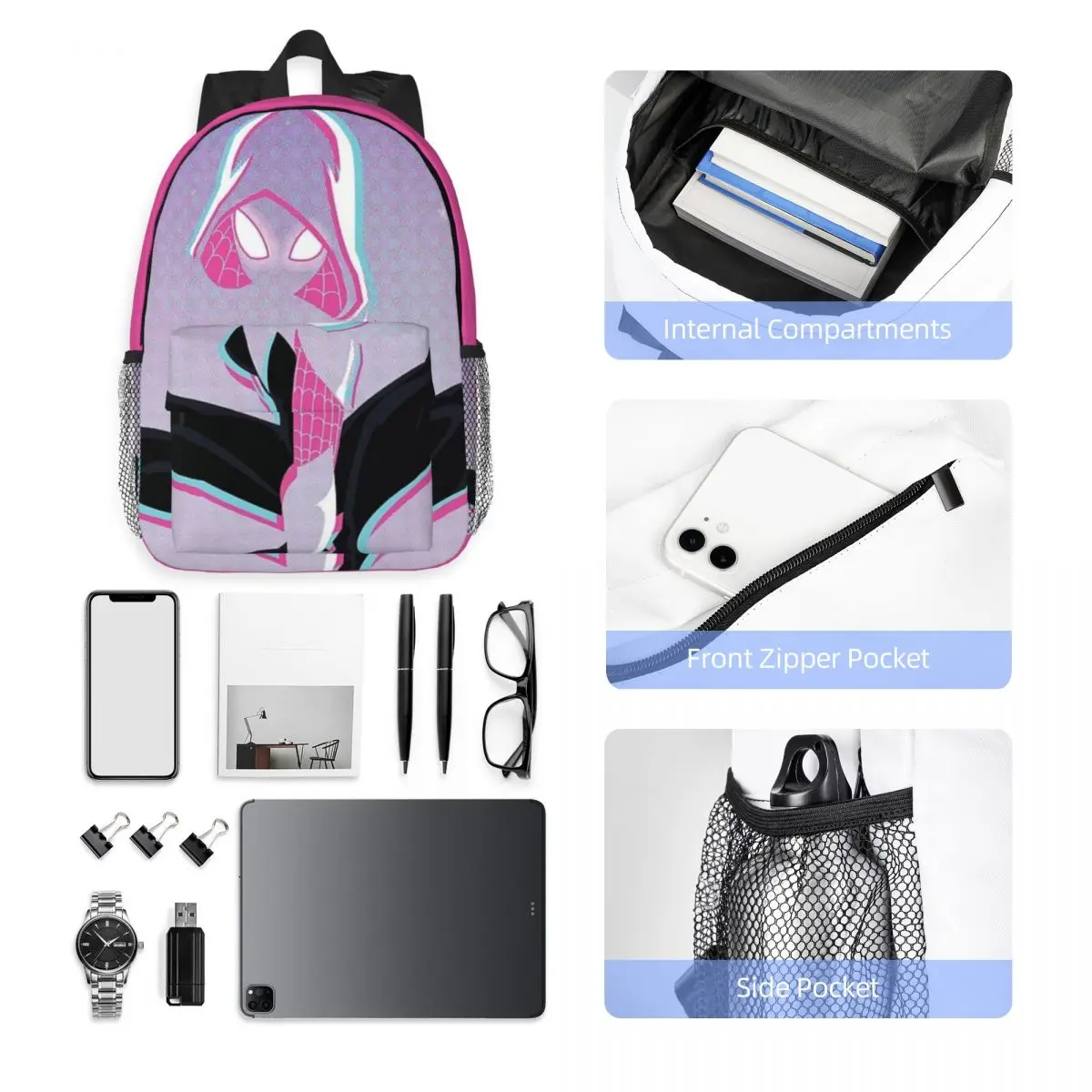 Spider-Gwen-Sac à Dos pour Enfant, Femme et Adolescent, Cartable de Voyage pour Ordinateur Portable