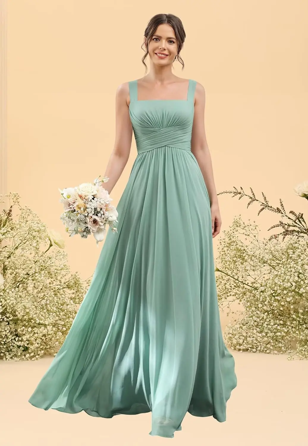 2025年 スクエアネック オフショルダー ブライズメイドドレス スリムなスパゲッティストラップ プリーツシフォン バックレスデザイン フォーマルウェディング用