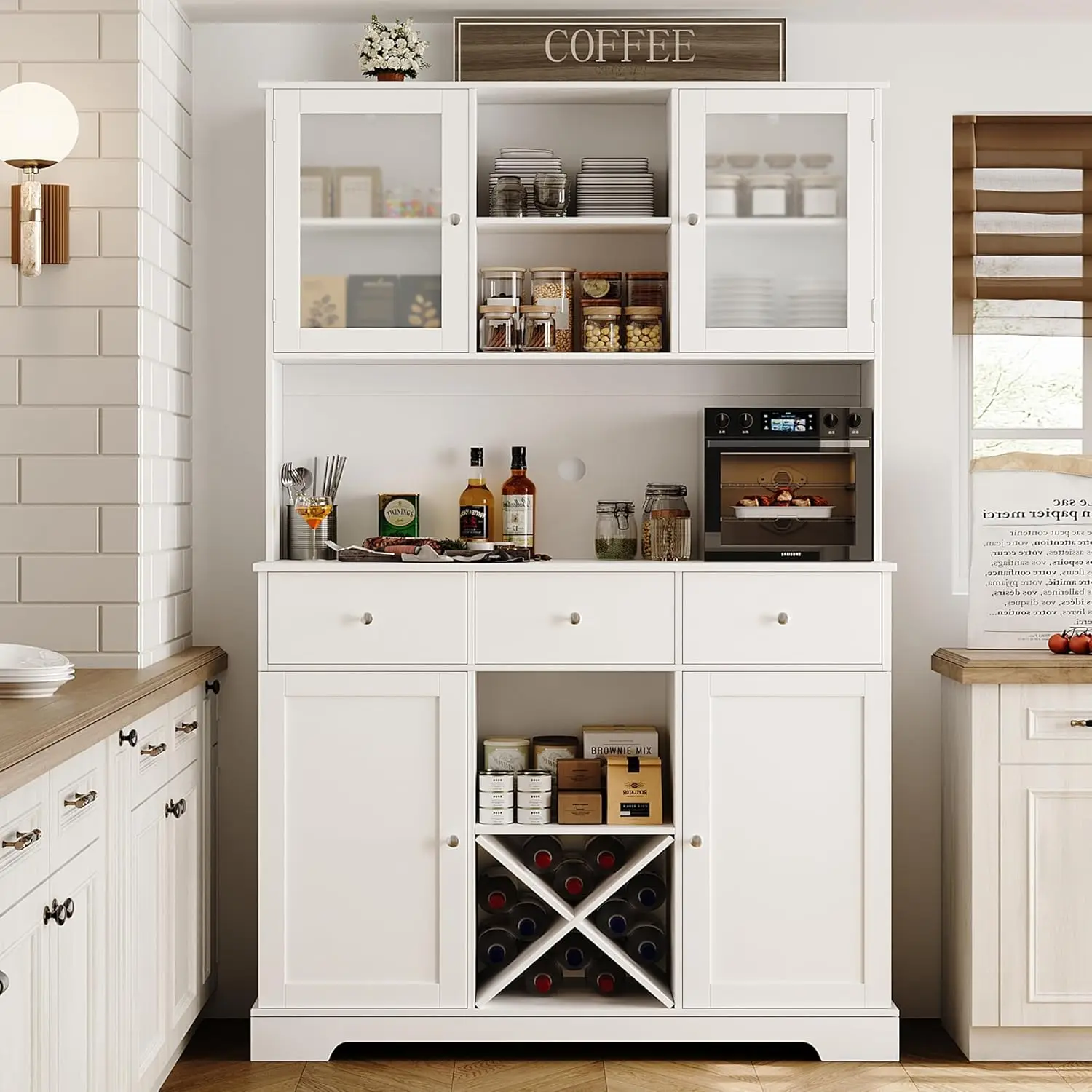 Armario de almacenamiento de despensa de cocina de 68 "de alto con puertas abatibles, moderno armario de cocina con soporte para microondas, armario para despensa de alimentos
