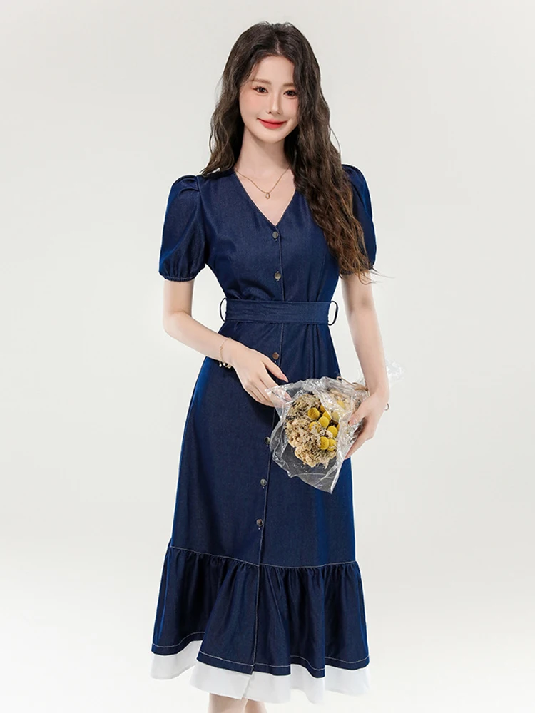 Women Street Clothes Denim Retro Puff Sleeve Single Breasted Belt Slim A-Line Long Dress Elegant Vestidos Robe Casual Sweet New