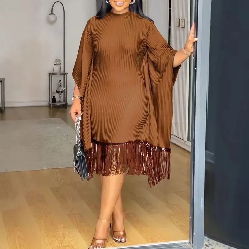 Vintage elegante moda fiesta Midi Vestidos mujeres noche club nocturno manga de murciélago lentejuelas dobladillo con borlas vestido ajustado para graduación Vestidos