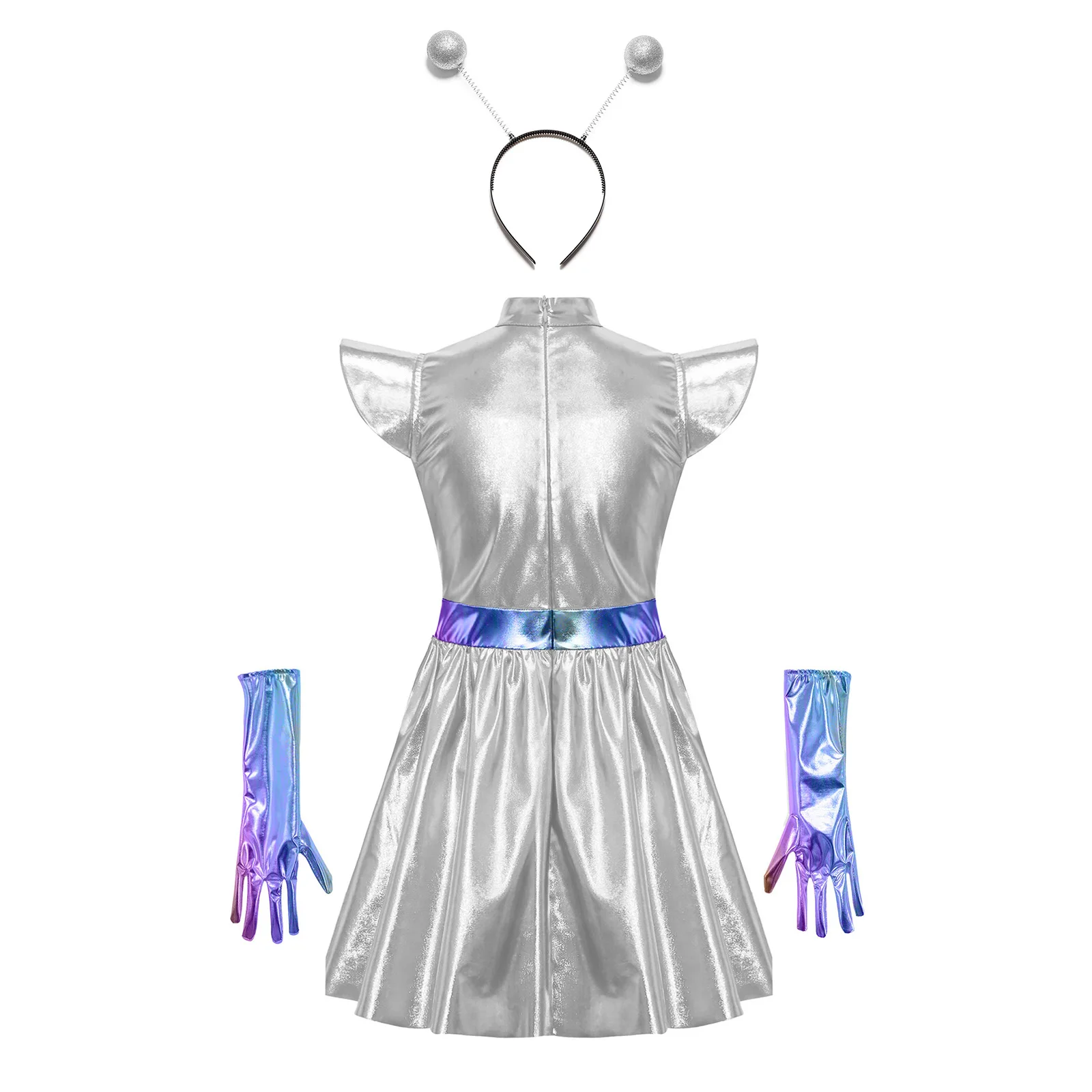 Girls Space Alien Costume 3 Piece Astronaut Cosplay Outfits Shiny Metallic Hollow Out Dress with Gloves and Hair Hoop Sets view 5