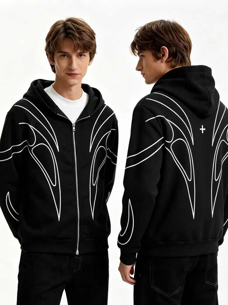 2026 Autumn Unisex Y2K Goth Hip Hop Streetwear Abstract Line Printed Two Zip Up Long Sleeve Loose Hoodie
