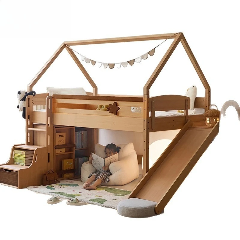 Flying House Castle Slide Junior with Tree Solid Wood Beech Children Half Tall Bed Boy Girl Tree House Bed