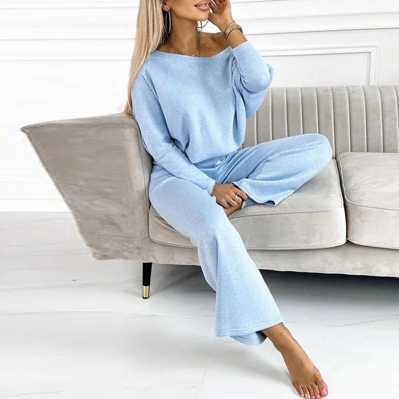 Casual 2 Piece Sets Autumn Crew Neck Hollow Top Pullovers & Long Pants Womens Outfits Winter Full Sleeve Solid Loose Simple Suit