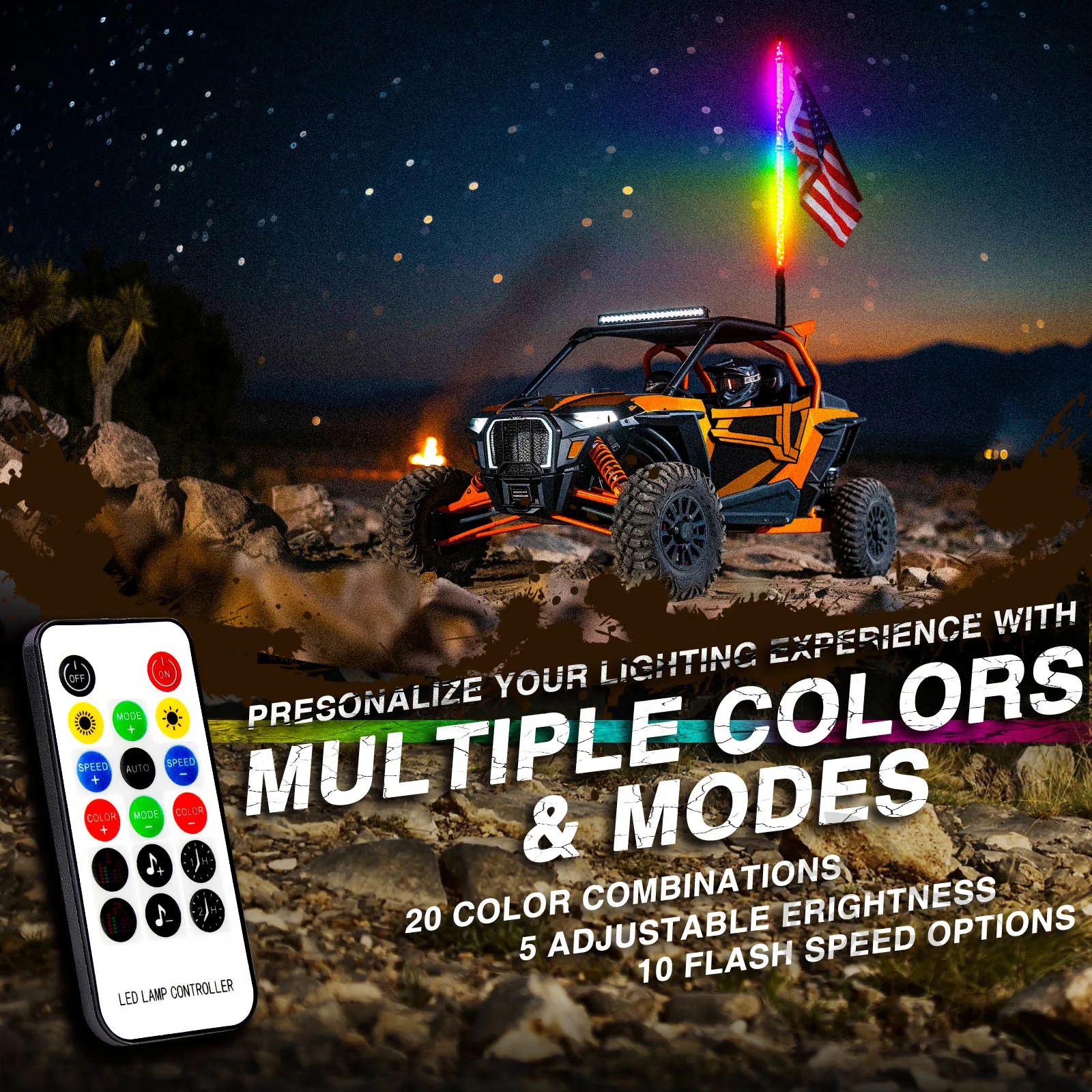 2PCS 3FT RGB LED Whip Light Remote App Control Turn Reverse Lighting Modes Safety Lighted Antenna for ATV UTV Polaris RZR Can-am