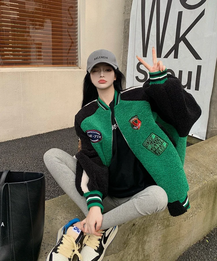 

2023 New Vintage Korean Style Women Baseball Jackets Oversized Streetwear Y2k Hip Hop Female Zip Up Bomber Jacket Kpop Green Top