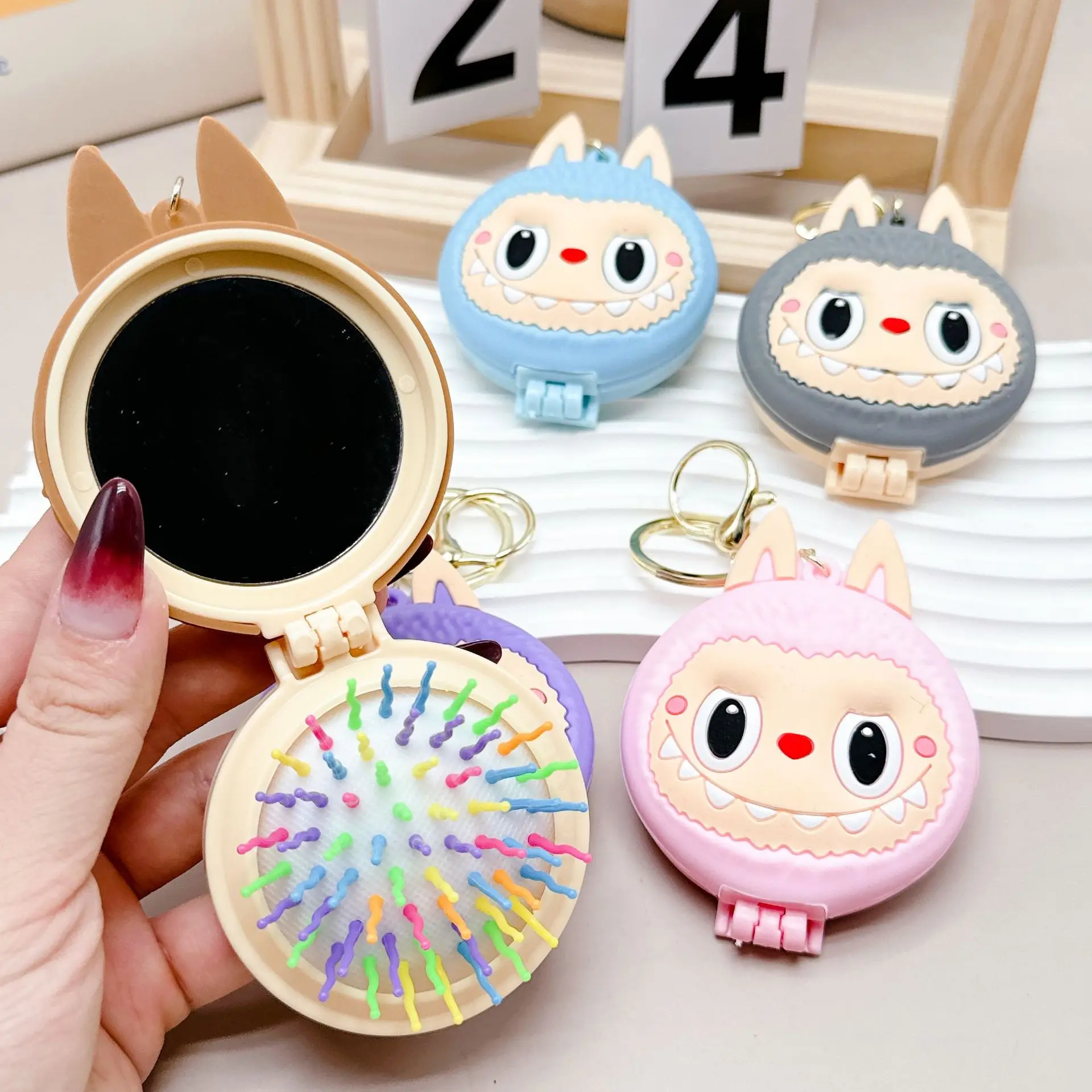 Kawaii  Labubu The Monsters Zimomo Mococo Comb Mirrors Cartoon Keychain Cute Portable Air Cushion Combs Gifts for Girls