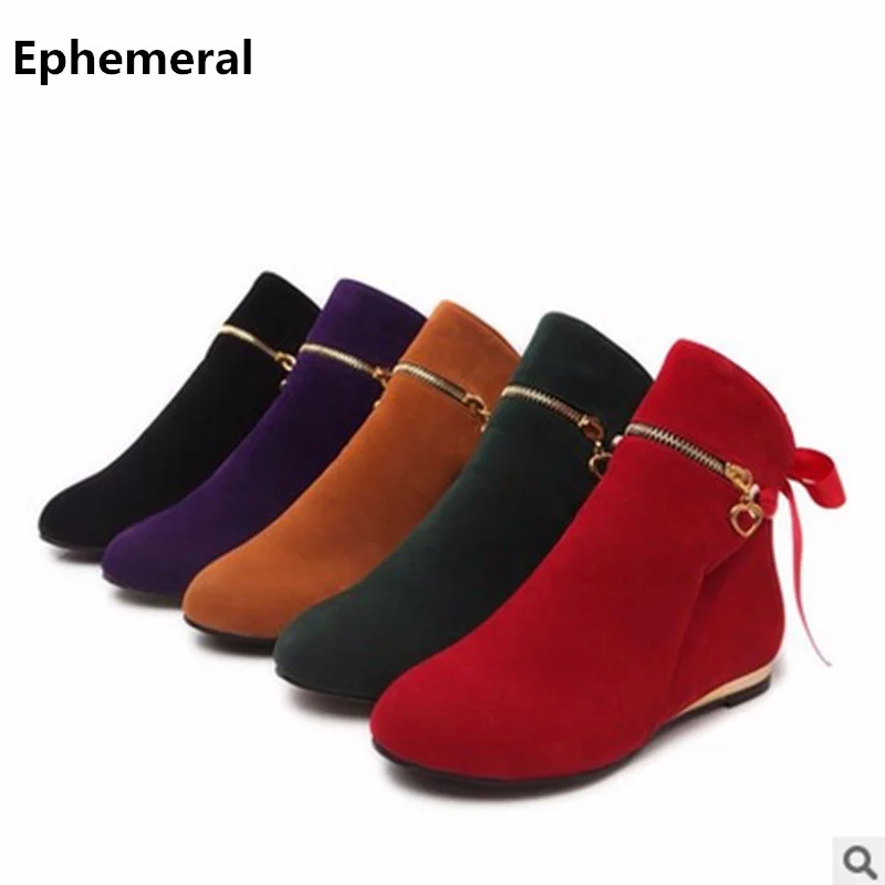 Lady Warm Zapatos Flats Plus Size 33-43 Nubuck Leather Single Riding Booty Round Toe Winter Boots Fashion American Style Purple