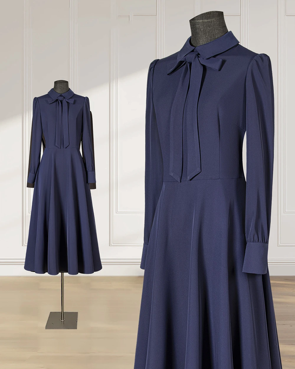 Marineblaues Damenkleid, elegantes, modisches Hemdblusenkleid im Hepburn-Stil, langer Rock, hochwertiges, schmal geschnittenes Design, Abendkleid für Damen