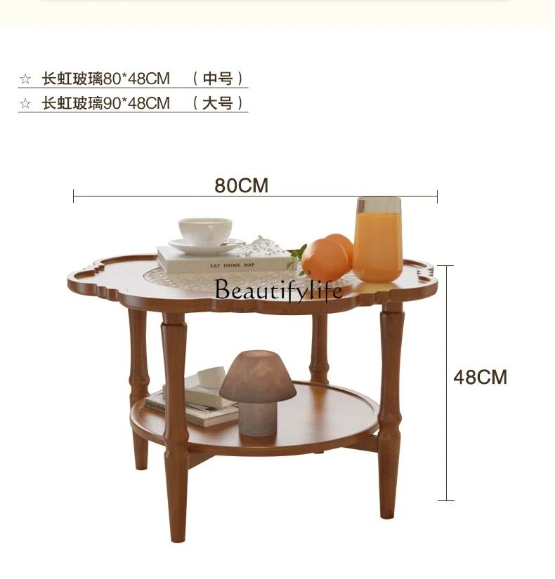 طاولة شاي صغيرة من الخشب الصلب الإبداعي المستدير الفرنسي القديم ذات حافة يابانية وطبقات زجاجية علوية وسفلية