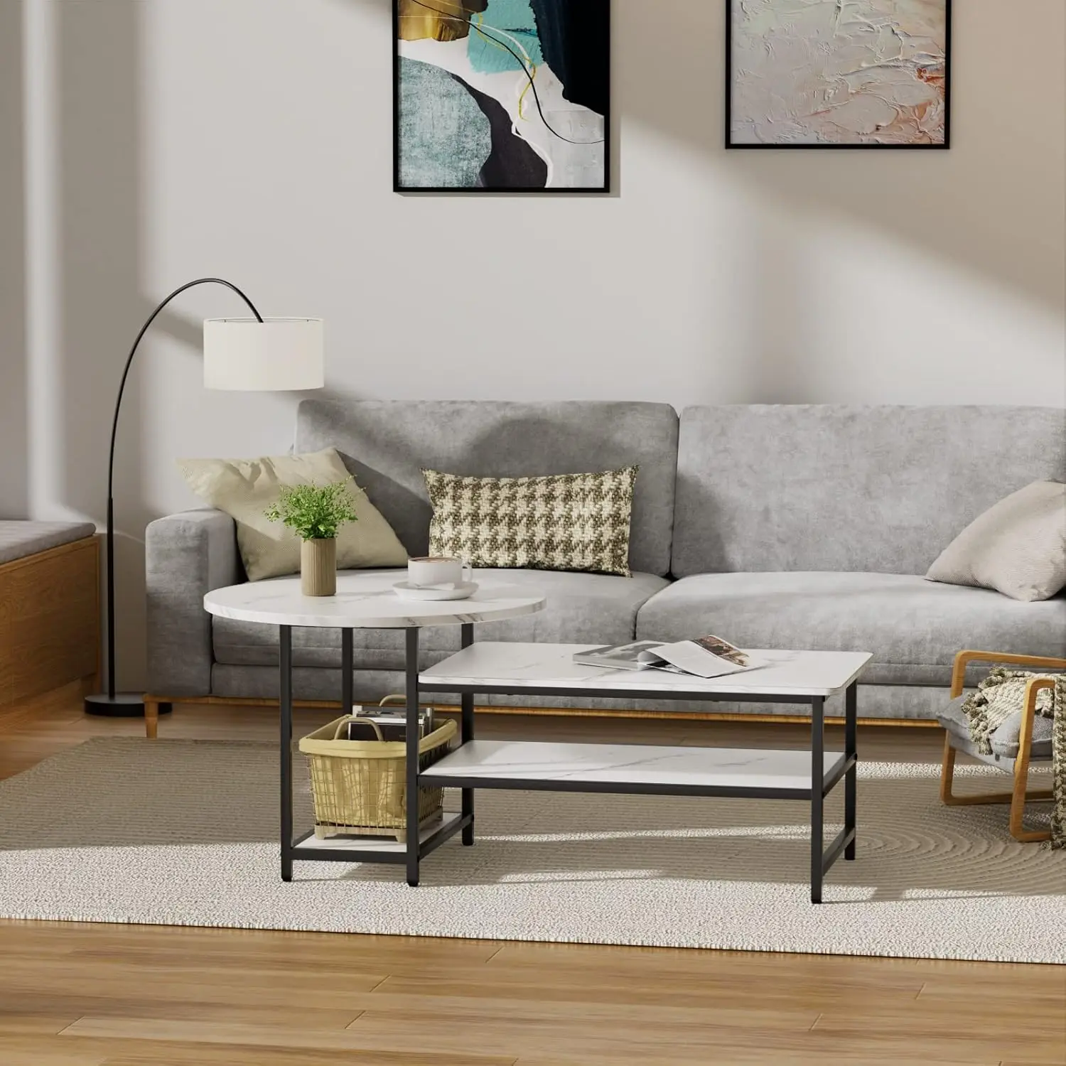 

Coffee Table, White Modern Coffee Tables for Living Room, Detachable 2 Small Coffee Tables, Faux White Marble