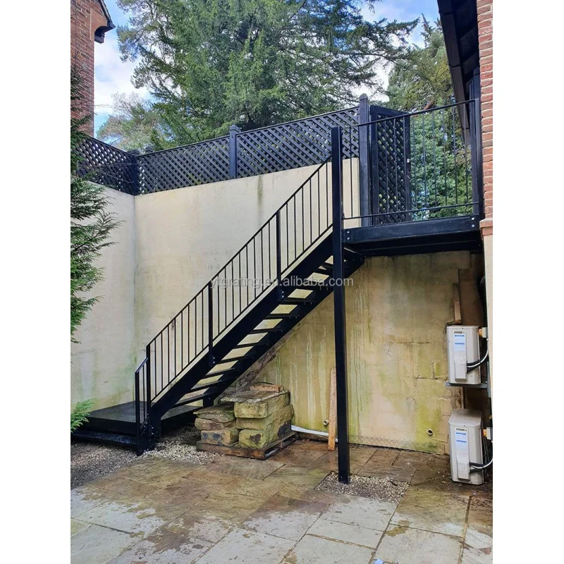 custom.Heavy Duty Outdoor Metal Staircase, Hot-Dipped Galvanized Steel Exterior Stairs with Anti-Slip Grating Treads Industr