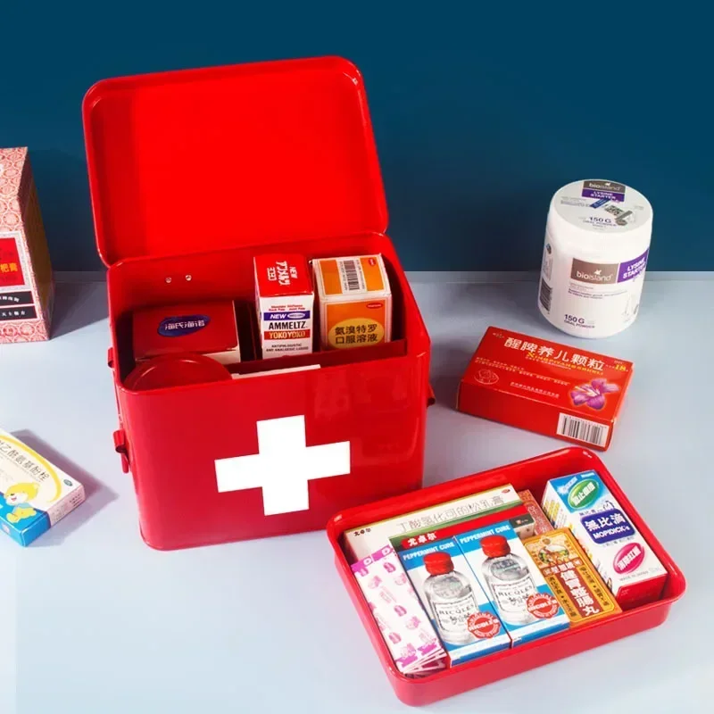 Portable Family Medicine Box, Essential Emergency Storage with Handle, Metal Material, Compact First Aid Container