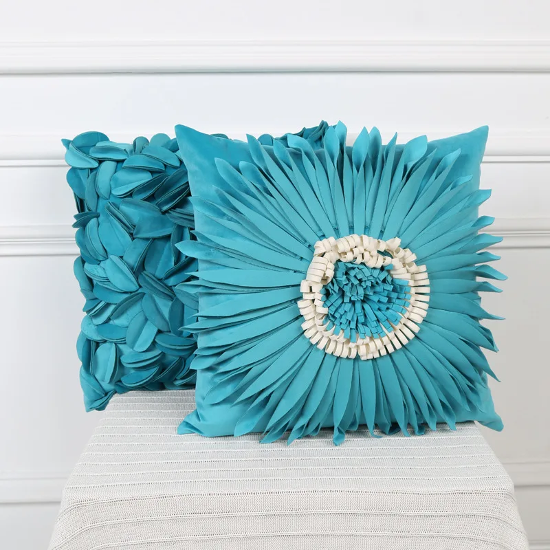 

3D Blue Floral Handmade Velvet Cushion Cover 30x50/45x45CM Small Daisy Sunflower Plush Pillowcase For Bedroom Home Decoration