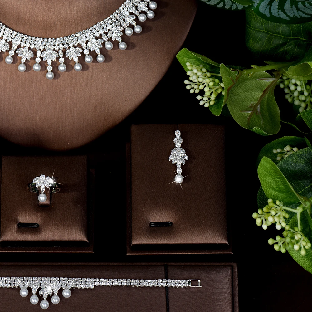 HIBRIDE موضة خفيفة فاخرة النساء اللؤلؤ طقم مجوهرات زركونيا ليف قلادة أقراط خاتم فستان الزفاف اكسسوارات S-781 #3