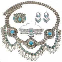 Vintage Turquoise Coin Waist Belly Chain Bracelet Necklace Earrings for Women Boho Gypsy Afghan Indian Ethnic Tribal Jewelry Set