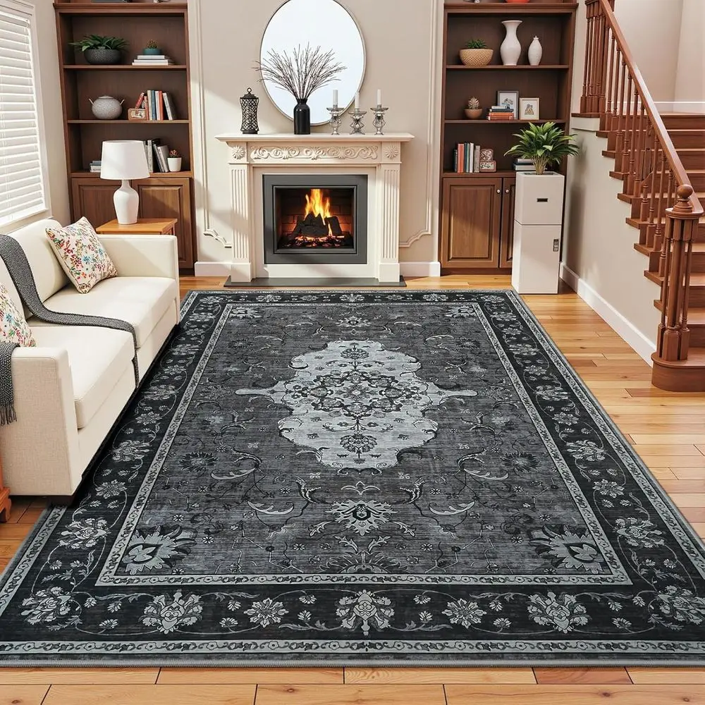 

5x7 Washable Living Room Rug, Non-Slip, Vintage Floral Medallion, Low Pile, Soft Black/Grey for Bedrooms and Entryways