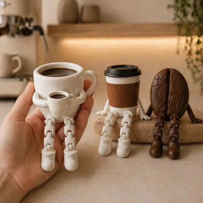 Cute Articulated Coffee Character Figurines Stress Relief Fidget Toys Tiny Desk Decor Perfect Present for Coffee Fans Office Wo