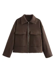 2024 Autumn/Winter New Women Large Pocket Zipper Woolen Coat Simple Fashion Top