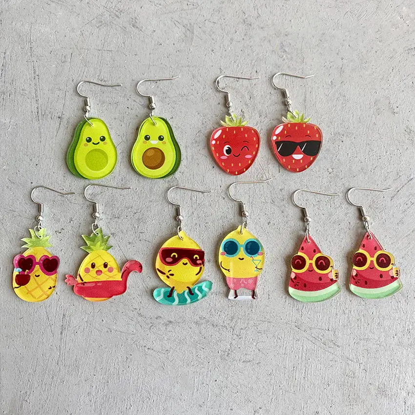 Cute Acrylic Fruits Earrings Mismatch Watermelon Avocado Pineapple Cartoon Style Summer Earrings Big Bold Party Accessories